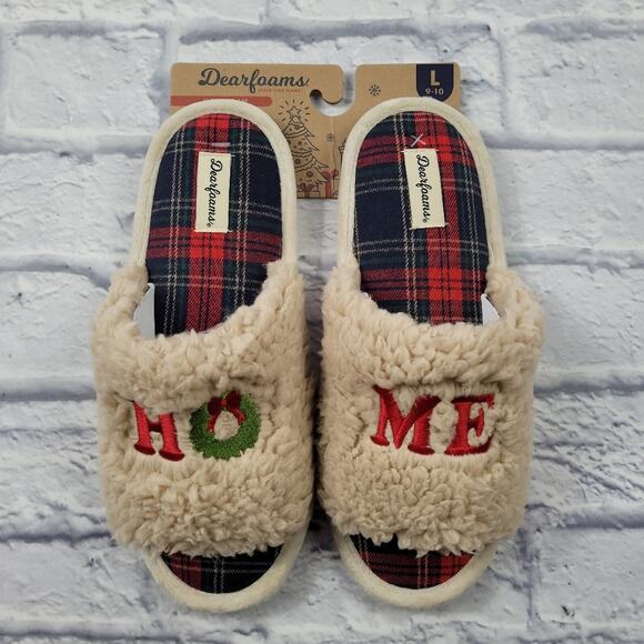 NWT "HO"ME Lane Holiday Faux Fur Dearfoams Cream Slide Slippers sz Large (9-10) - Picture 1 of 16